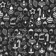 Gold Christmas seamless pattern with christmas bells, snowflakes, candy, stars Holly jolly Merry Christmas and Happy New Year