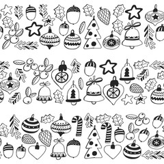 Gold Christmas seamless pattern with christmas bells, snowflakes, candy, stars Holly jolly Merry Christmas and Happy New Year