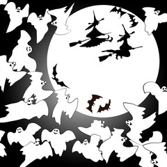 Halloween background. Ghosts, witches and bats silhouettes on the moon, black and white.