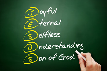 JESUS - Joyful Eternal Selfless Understanding Son of God, acronym concept on blackboard