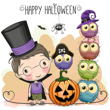 Halloween card with boy and owls