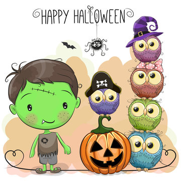 Halloween card with boy and owls