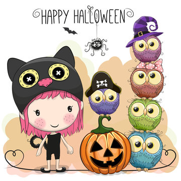 Halloween card with girl and owls