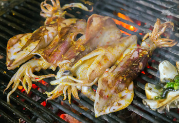 squid seafood in BBQ Flames