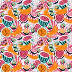 Bright vector design with tropical fruits and palm leaves. Summer seamless pattern.
