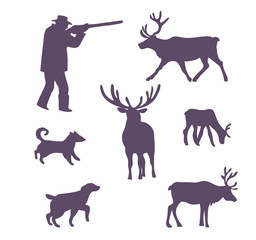 Silhouettes collection. Hunters, hunted deers and  dogs. Vector illustration.