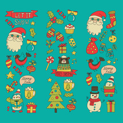 Christmas Xmas New year Vector doodle set of icons with Santa Claus, penguin, snowman, bear, presents, christmas decoration