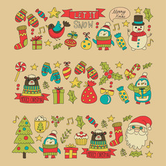 Christmas Xmas New year Vector doodle set of icons with Santa Claus, penguin, snowman, bear, presents, christmas decoration