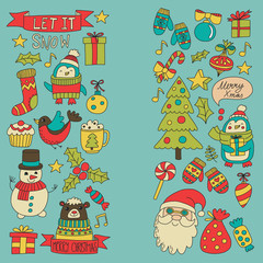 Christmas Xmas New year Vector doodle set of icons with Santa Claus, penguin, snowman, bear, presents, christmas decoration