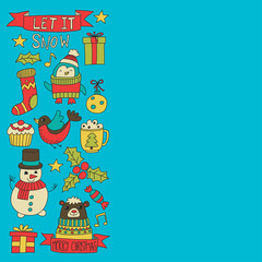 Christmas Xmas New year Vector doodle set of icons with Santa Claus, penguin, snowman, bear, presents, christmas decoration