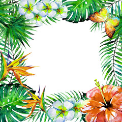 Fototapeta na wymiar beautiful tropical palm leaves and flowers, watercolor