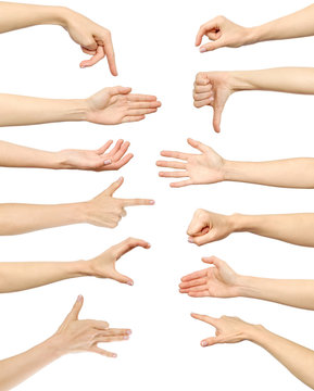 Female hand gestures and signs collection isolated