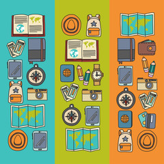 Vector doodle set with travel icons Adventure Explore Camera Passport Ticket Map Backpack Doodle pattern