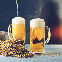 Fresh beer in two glasses against dark background. Concept of Octoberfest, food and drinking, toned image