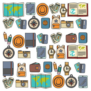 Vector doodle set with travel icons Adventure Explore Camera Passport Ticket Map Backpack Doodle pattern