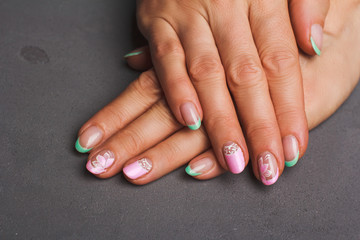 Pink and green flower nail art