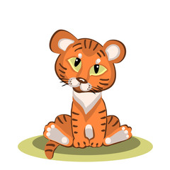 Cute tiger cub sits isolated on white. Vector cartoon illustration.