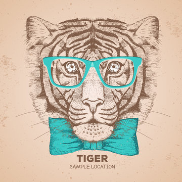 Hipster animal tiger. Hand drawing Muzzle of tiger