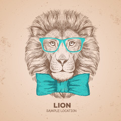 Retro Hipster animal lion. Hand drawing Muzzle of lion