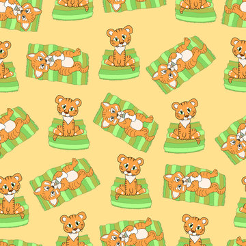 Seamless pattern with cute tiger cubs on light orange background.
