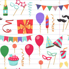 Flat vector icons Celebration party carnival festive icons set. Colorful symbols and elements - mask, gifts, presents, balloon, hat, cap