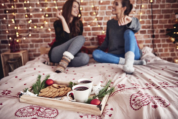 Christmas time with  mulled wine and cookie in bedroom