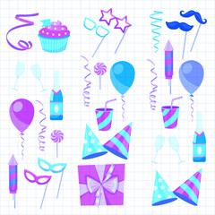 Flat vector icons Celebration party carnival festive icons set. Colorful symbols and elements - mask, gifts, presents, balloon, hat, cap
