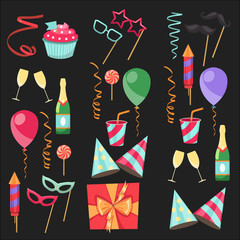 Flat vector icons Celebration party carnival festive icons set. Colorful symbols and elements - mask, gifts, presents, balloon, hat, cap