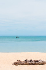 Fototapeta na wymiar Seascape timber on the beach and fisherman fishing on boat background