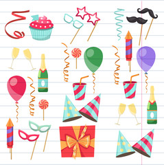 Flat vector icons Celebration party carnival festive icons set. Colorful symbols and elements - mask, gifts, presents, balloon, hat, cap