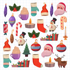 Set of flat Christmas icons for banners Xmas Happy new year Santa Claus Christmas decoration Christmas ball Flat christmas icons