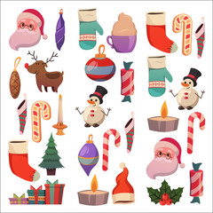 Set of flat Christmas icons for banners Xmas Happy new year Santa Claus Christmas decoration Christmas ball Flat christmas icons