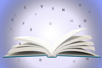 Opening BlueBook with Alphabets, information concept