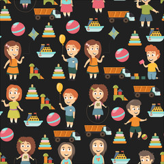 Kindergarten Vector flat icons for advertising brochure. Ready for your designs. Children play. Kindergarten kids with toys. Funny cartoon character. Vector illustration