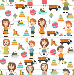 Kindergarten Vector flat icons for advertising brochure. Ready for your designs. Children play. Kindergarten kids with toys. Funny cartoon character. Vector illustration