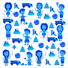 Kindergarten Vector flat icons for advertising brochure. Ready for your designs. Children play. Kindergarten kids with toys. Funny cartoon character. Vector illustration