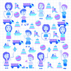 Kindergarten Vector flat icons for advertising brochure. Ready for your designs. Children play. Kindergarten kids with toys. Funny cartoon character. Vector illustration