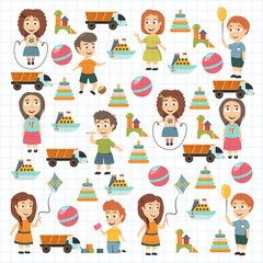 Fototapeta na wymiar Kindergarten Vector flat icons for advertising brochure. Ready for your designs. Children play. Kindergarten kids with toys. Funny cartoon character. Vector illustration