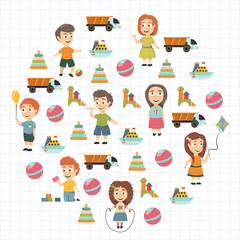 Fototapeta na wymiar Kindergarten Vector flat icons for advertising brochure. Ready for your designs. Children play. Kindergarten kids with toys. Funny cartoon character. Vector illustration
