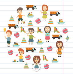 Kindergarten Vector flat icons for advertising brochure. Ready for your designs. Children play. Kindergarten kids with toys. Funny cartoon character. Vector illustration