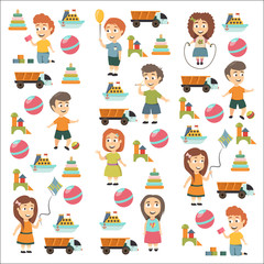 Kindergarten Vector flat icons for advertising brochure. Ready for your designs. Children play. Kindergarten kids with toys. Funny cartoon character. Vector illustration