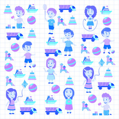 Fototapeta premium Kindergarten Vector flat icons for advertising brochure. Ready for your designs. Children play. Kindergarten kids with toys. Funny cartoon character. Vector illustration