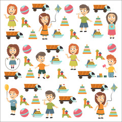 Kindergarten Vector flat icons for advertising brochure. Ready for your designs. Children play. Kindergarten kids with toys. Funny cartoon character. Vector illustration