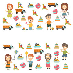 Kindergarten Vector flat icons for advertising brochure. Ready for your designs. Children play. Kindergarten kids with toys. Funny cartoon character. Vector illustration