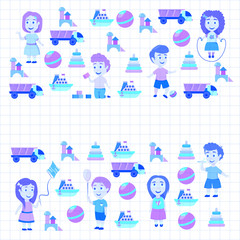 Kindergarten Vector flat icons for advertising brochure. Ready for your designs. Children play. Kindergarten kids with toys. Funny cartoon character. Vector illustration