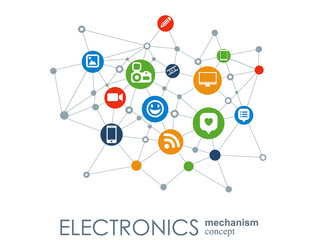 Electronics mechanism. Abstract background with connected gears and integrated flat icons. Connected symbols for monitor, phone. Vector interactive illustration.