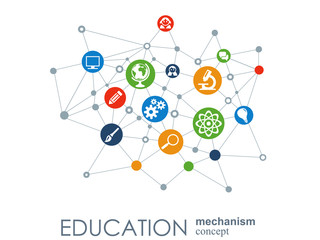 Education network. Hexagon abstract background with lines, polygons, and integrate flat icons. Connected symbols for elearning, knowledge, learn and global concepts. Vector interactive illustration.