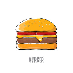 vector cartoon burger with cheese, meat and salad icon isolated on white background.
