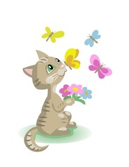Kitten with flowers and butterflies. Vector cartoon illustration isolated on white.