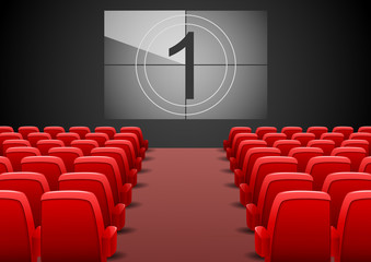 Fototapeta premium Cinema auditorium with red seats and film screen. Vector illustration